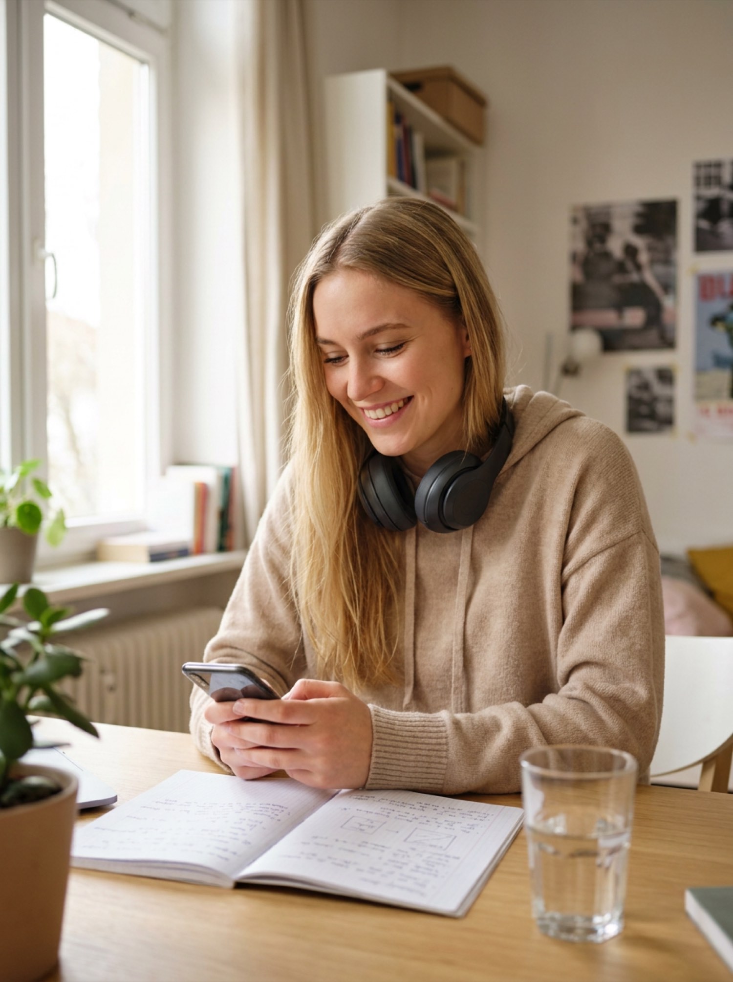 Junge Pflegeauszubildende lernt mit Kopfhörern und Handy am Schreibtisch