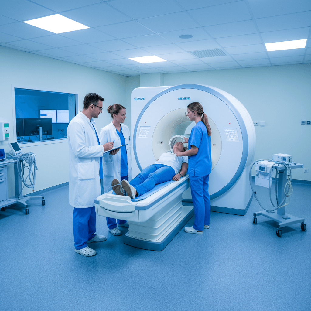 Zwei Prüfer beurteilen eine MTR-Auszubildende bei der MRT-Durchführung