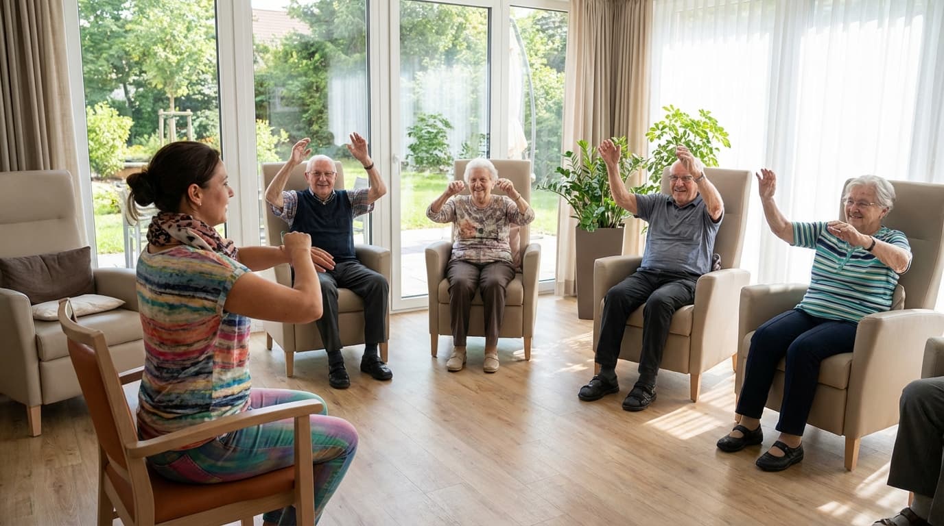 Betreuungskraft bei der Gruppenaktivierung mit Senioren im Aufenthaltsraum einer Pflegeeinrichtung