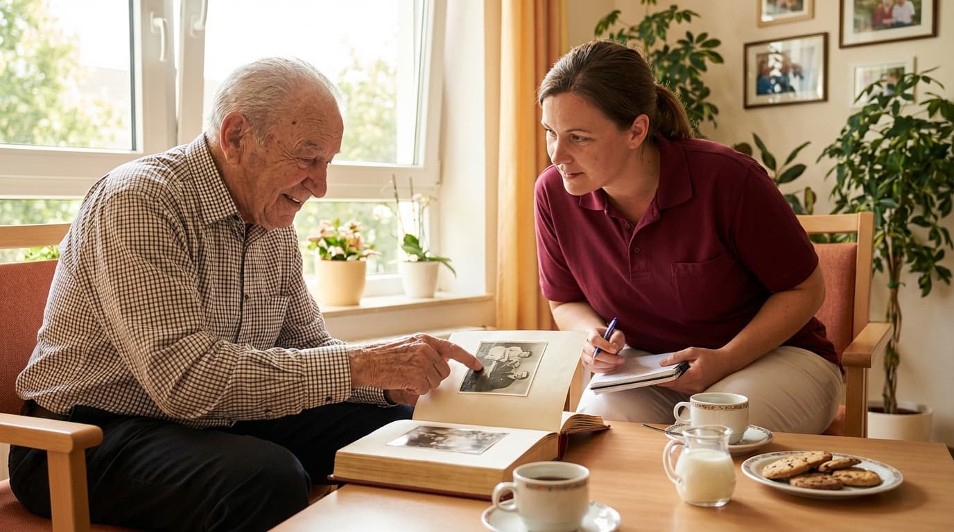 Betreuungskraft und Senior schauen gemeinsam ein Fotoalbum an bei der Biografiearbeit