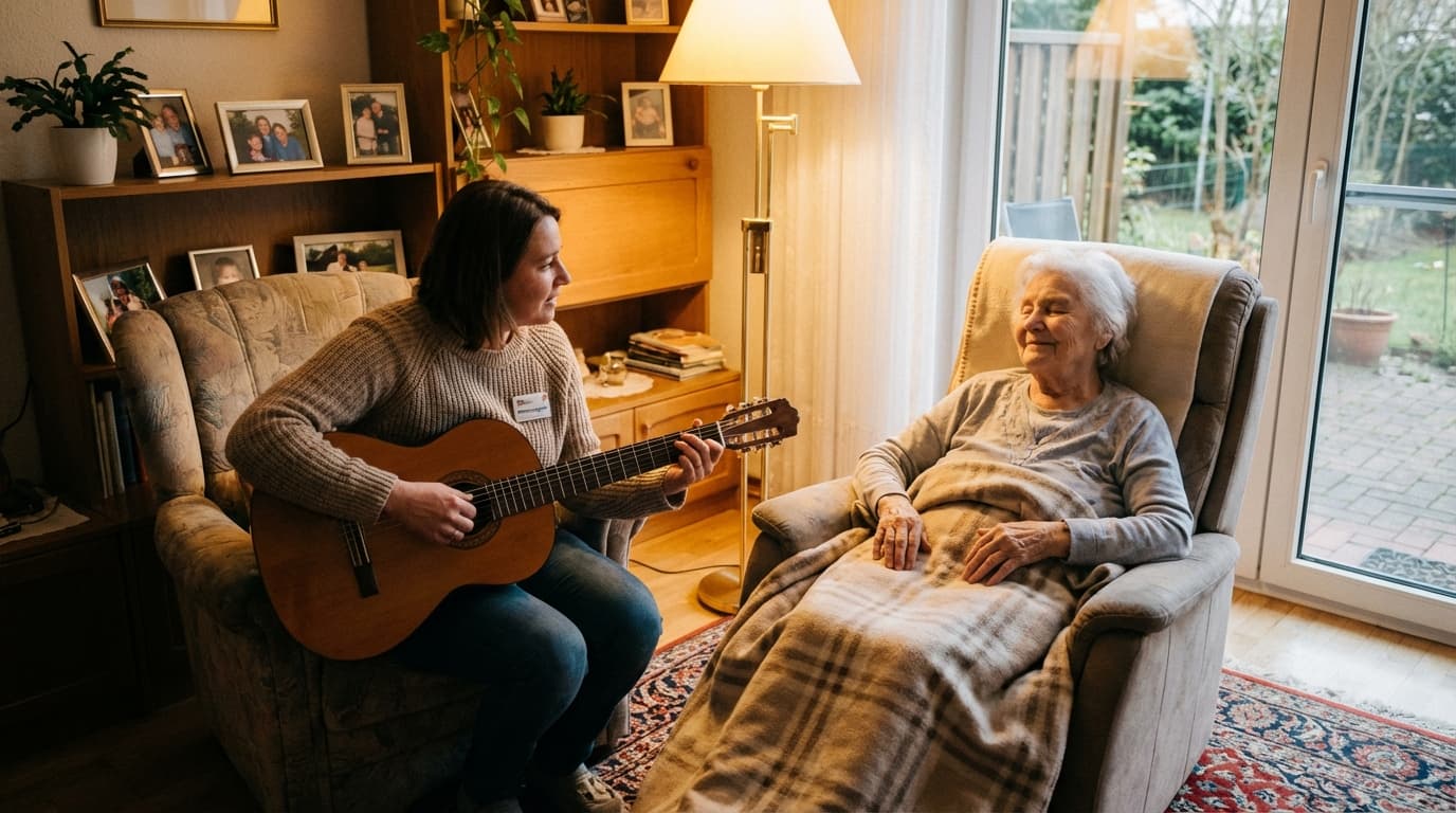 Betreuungskraft spielt Gitarre für eine Bewohnerin mit Demenz in einer ruhigen Ecke der Pflegeeinrichtung