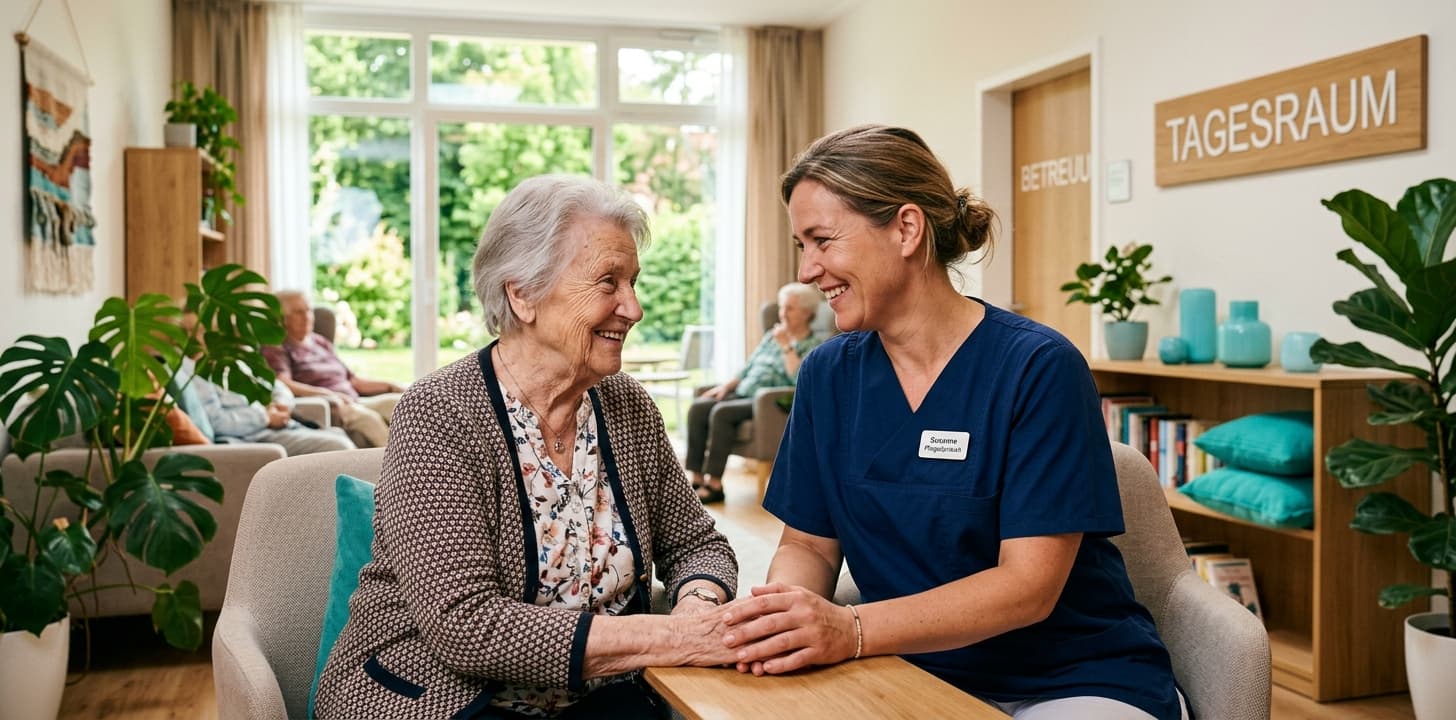 Pflegefachkraft begleitet ältere Dame einfühlsam im Gemeinschaftsraum einer Pflegeeinrichtung