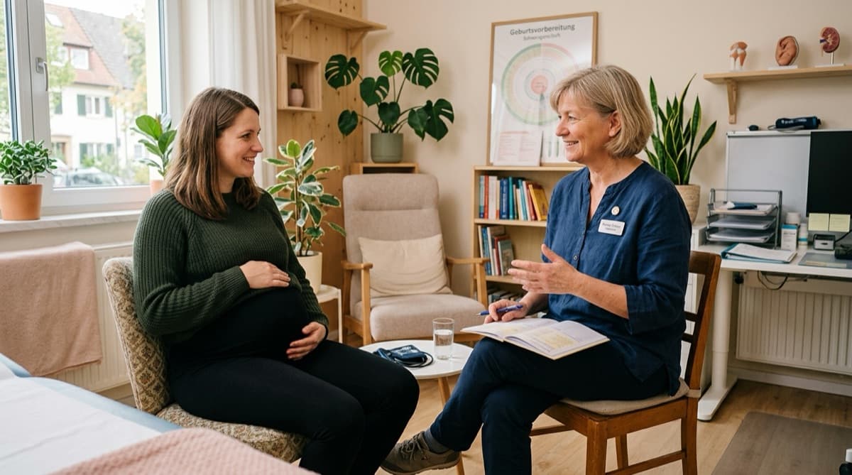 Erfahrene Hebamme berät eine schwangere Frau im gemütlichen Beratungszimmer