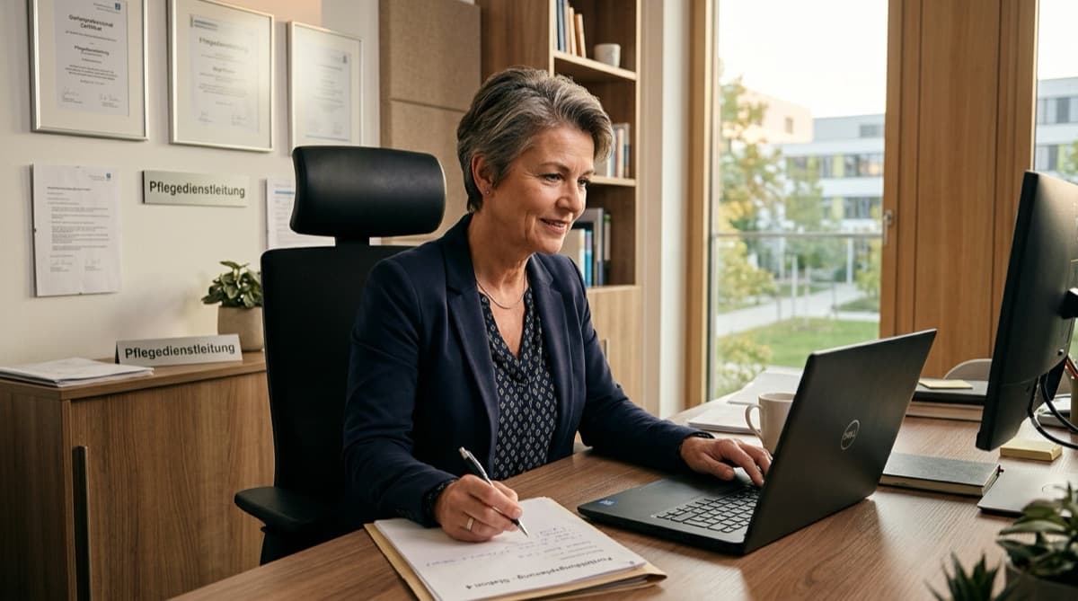 Pflegedienstleitung plant Fortbildungen für ihr Team am Schreibtisch