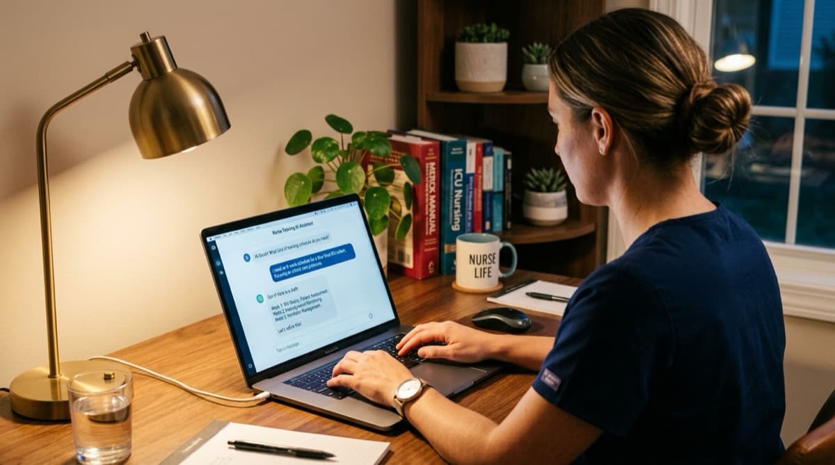 Praxisanleiterin nutzt KI-Tools am Laptop für die Ausbildungsplanung