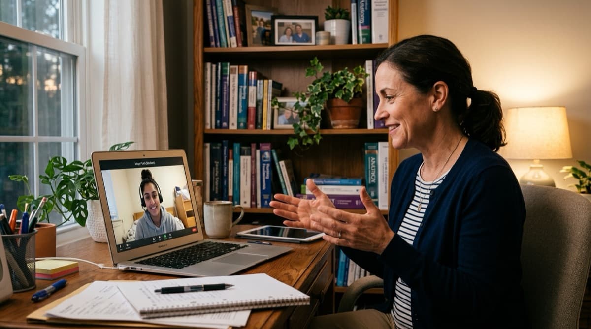 Erfahrene Praxisanleiterin führt ein Online-Feedbackgespräch mit einer Auszubildenden per Videocall