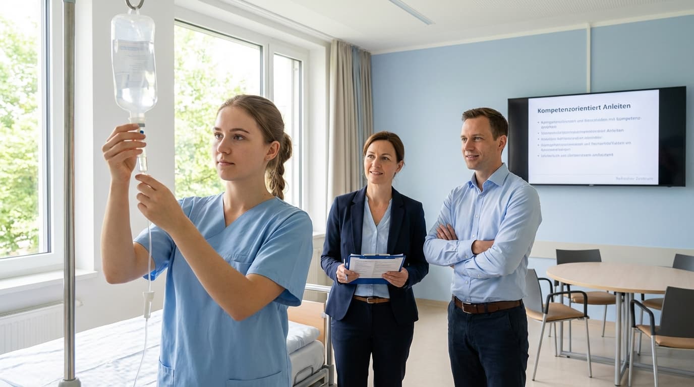 Praxisanleitung: Prüfer beobachten Auszubildende bei der praktischen Prüfung