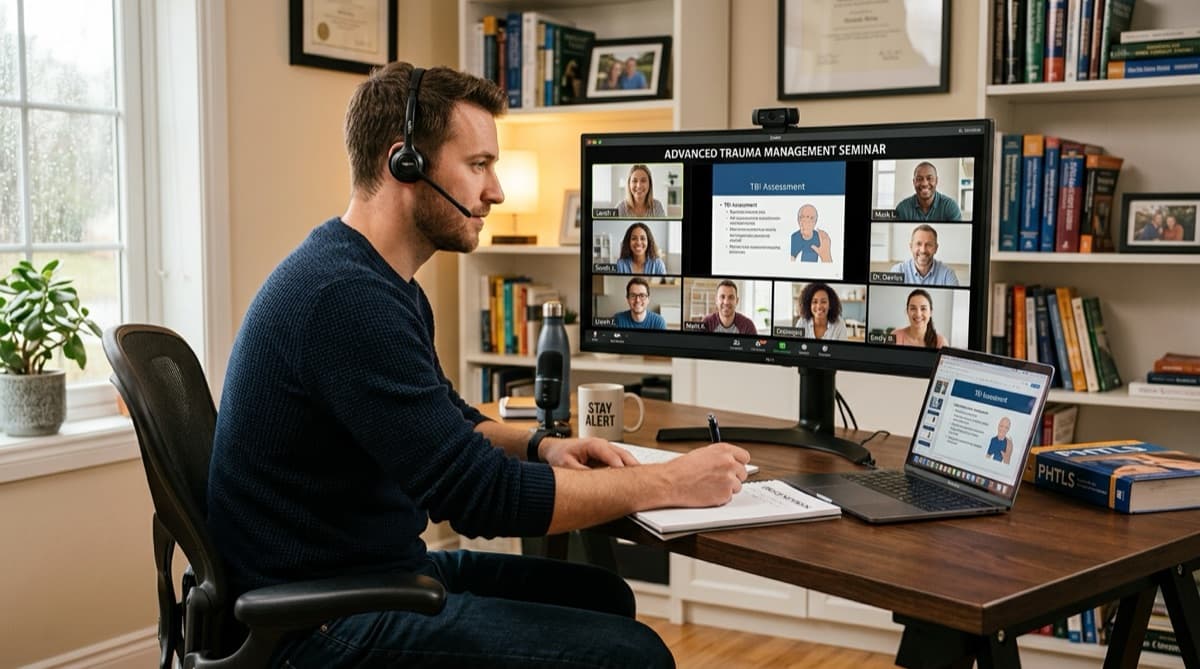 Rettungsdienstler nimmt in Alltagskleidung am Online-Fortbildungsseminar teil