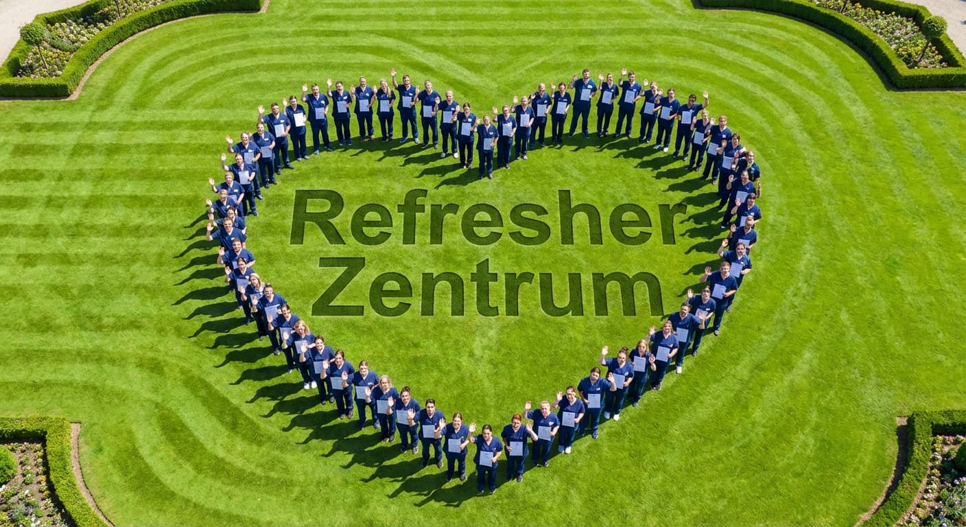 Praxisanleitende des Refresher Zentrums bilden ein Herz auf dem Rasen, Drohnenaufnahme