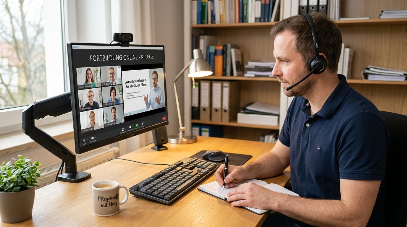 Teilnehmer der 300h Weiterbildung Praxisanleitung nimmt mit Headset und Webcam aus dem Homeoffice teil