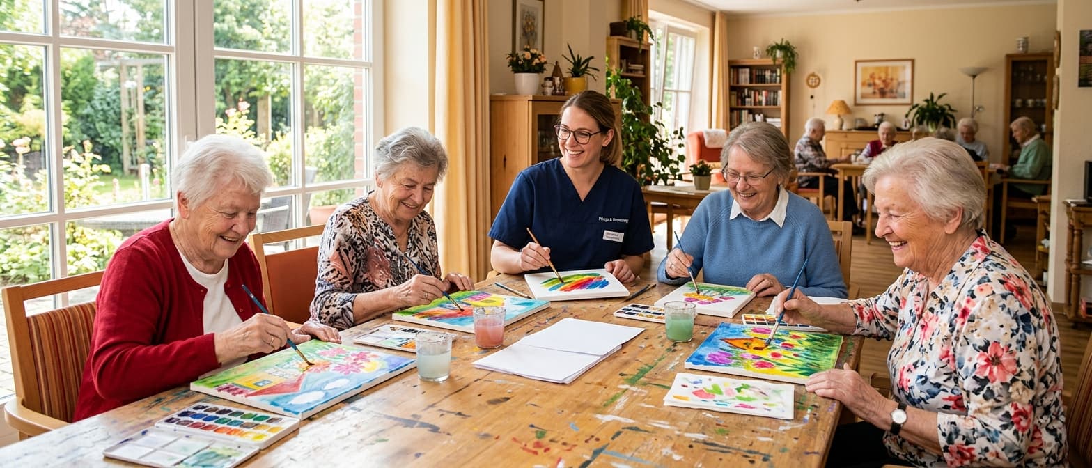 Betreuungskraft bei kreativer Gruppenaktivierung mit Senioren beim gemeinsamen Malen im Aufenthaltsraum