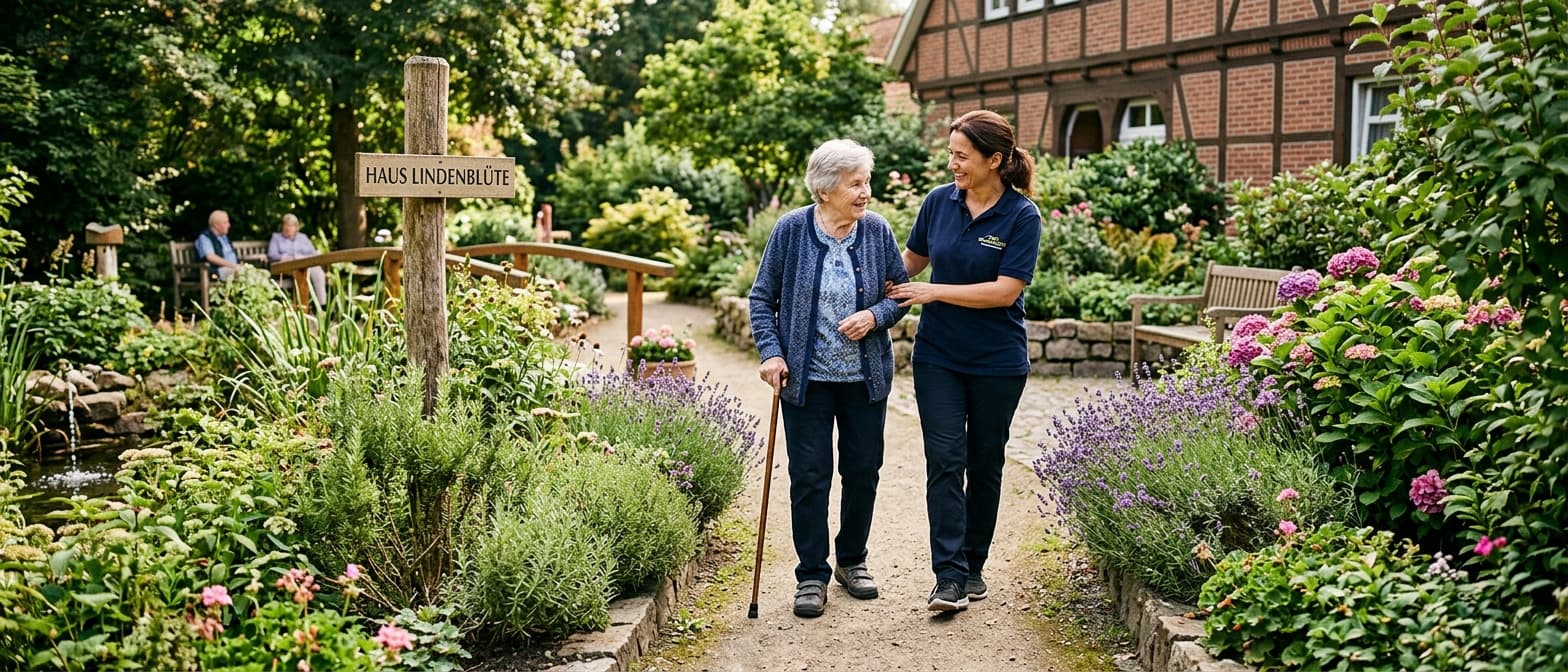 Einfühlsame Demenzbegleitung einer Betreuungskraft mit einer Seniorin im Sinnesgarten der Pflegeeinrichtung