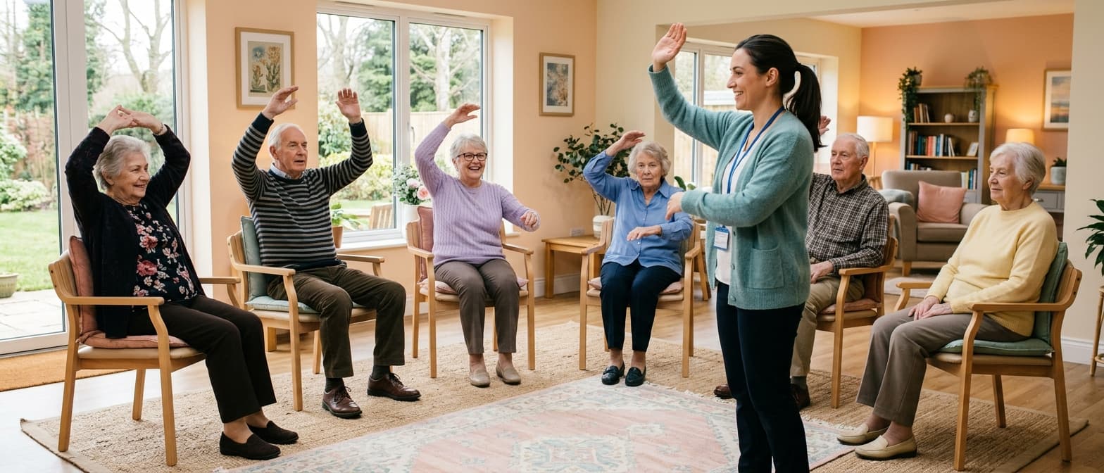 Therapeutische Gruppenübung in der Gerontopsychiatrie mit sanften Bewegungsübungen für ältere Patienten