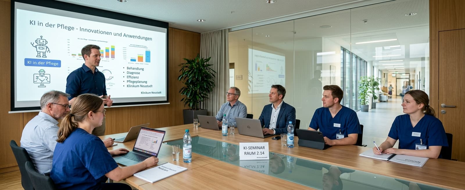 KI-Seminar im Konferenzraum einer Klinik: Dozent präsentiert KI in der Pflege vor Führungskräften und Pflegefachkräften