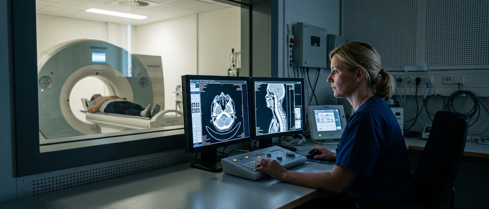 MTR-Fachkraft im Bedienraum hinter Bleiglasfenster bei der CT-Auswertung am Diagnosemonitor