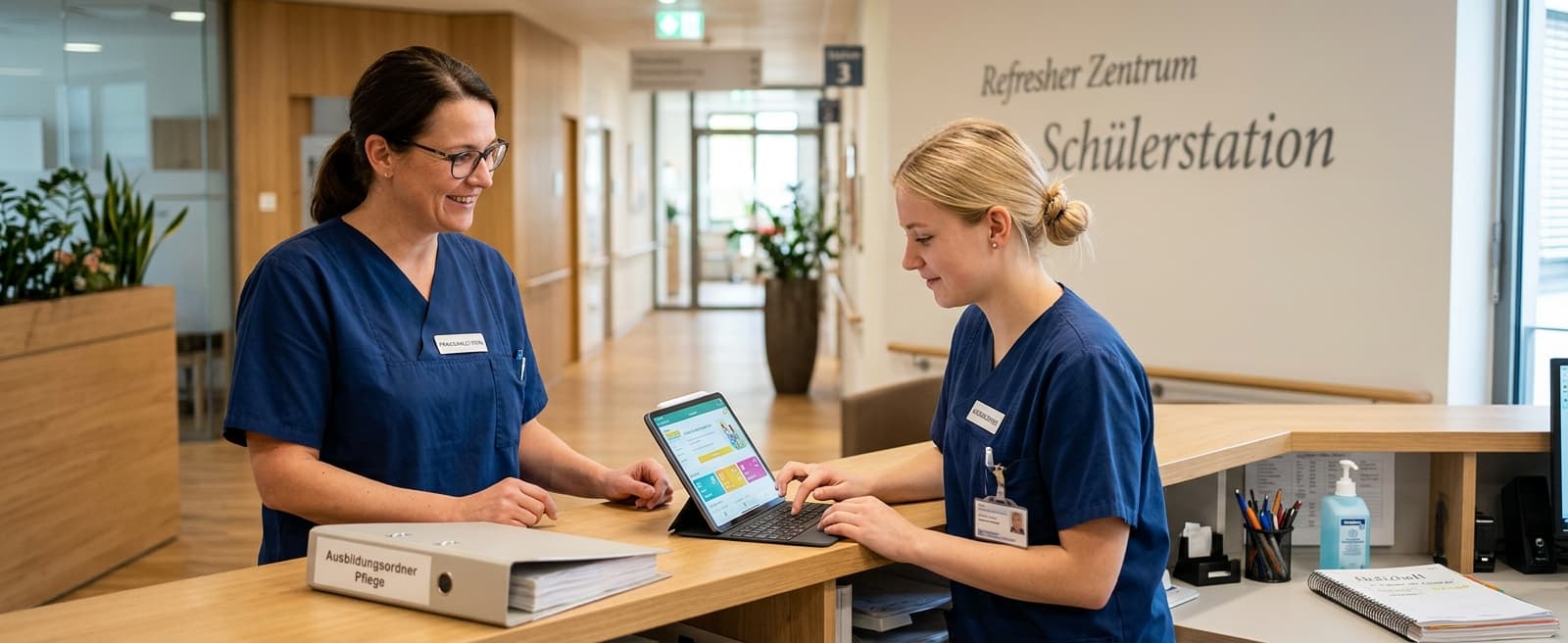Praxisanleiterin erklärt einer Auszubildenden etwas auf dem iPad an der Schülerstation
