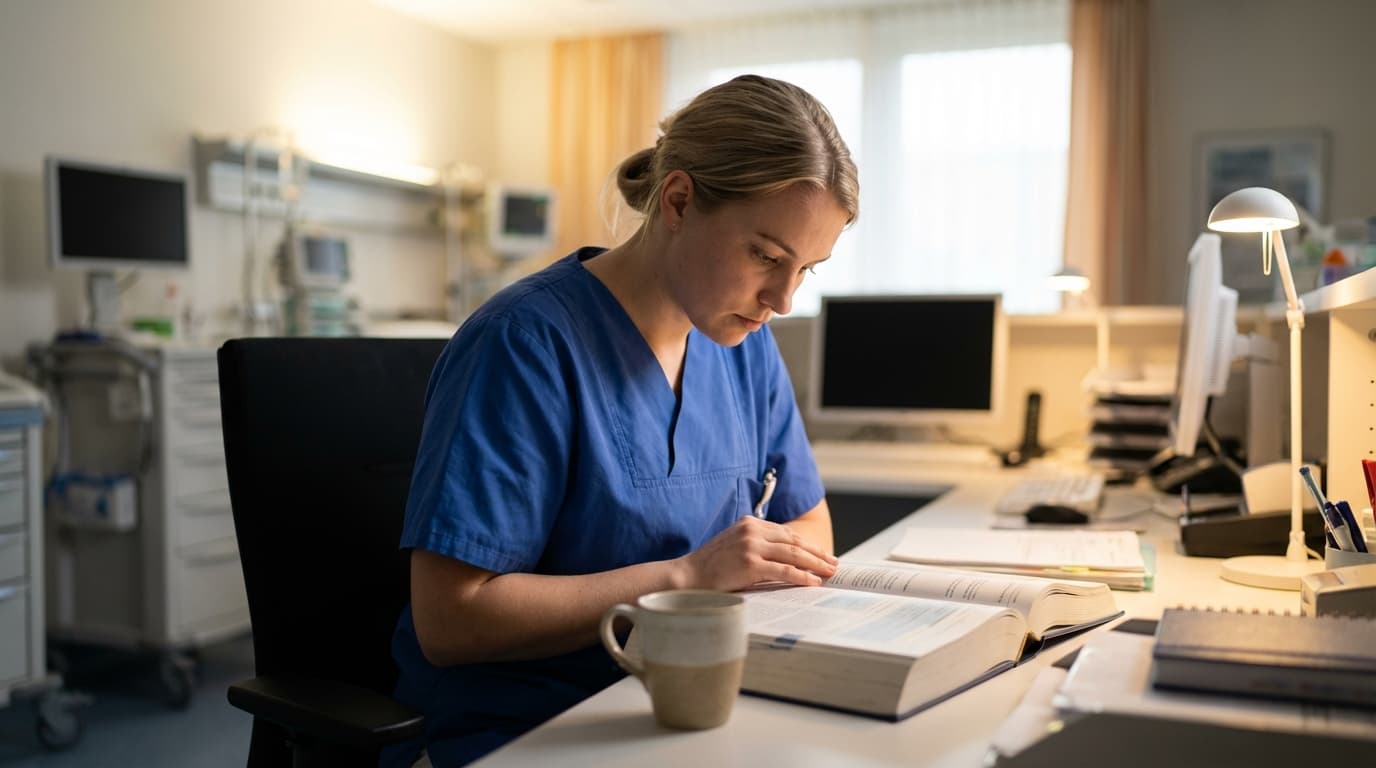 Pflegefachkraft vertieft ihr Fachwissen mit einem Fachbuch während einer ruhigen Phase auf Station