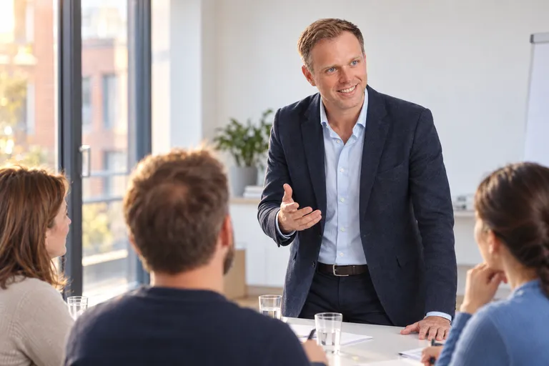 Dennis Tefett steht am Kopfende eines Seminartischs, stützt eine Hand auf und erklärt drei Teilnehmenden einen Gedanken.