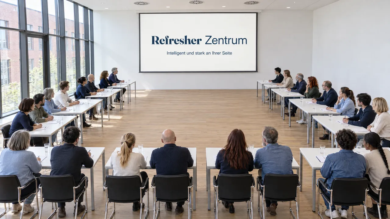Seminarraum in U-Form, je zwei Teilnehmende an einem Tisch, auf der Leinwand Refresher Zentrum mit dem Leitsatz Intelligent und stark an Ihrer Seite.