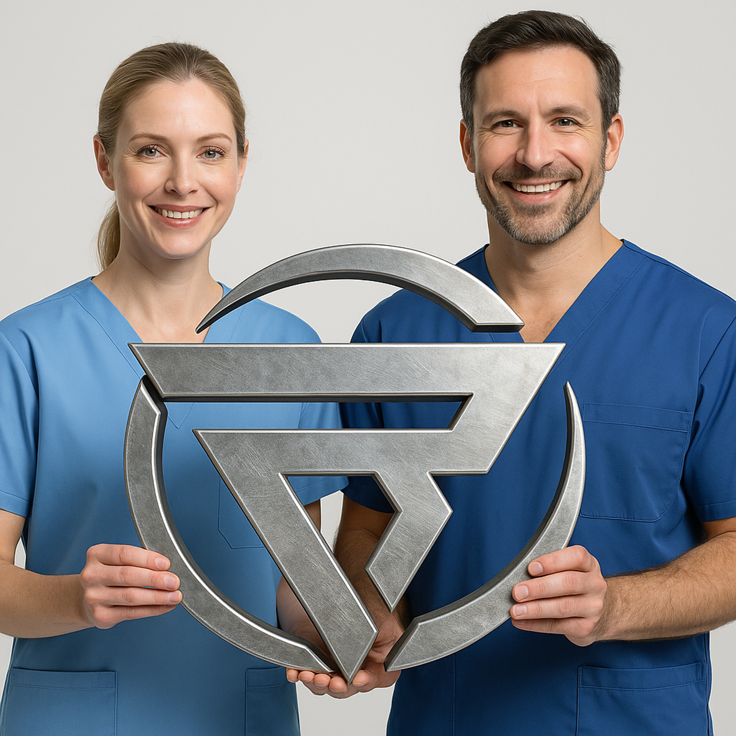 Zwei Pflegekräfte präsentieren das Logo des Refresher-Zentrums – Anbieter zertifizierter Pflichtfortbildungen für Praxisanleiter im Gesundheitswesen