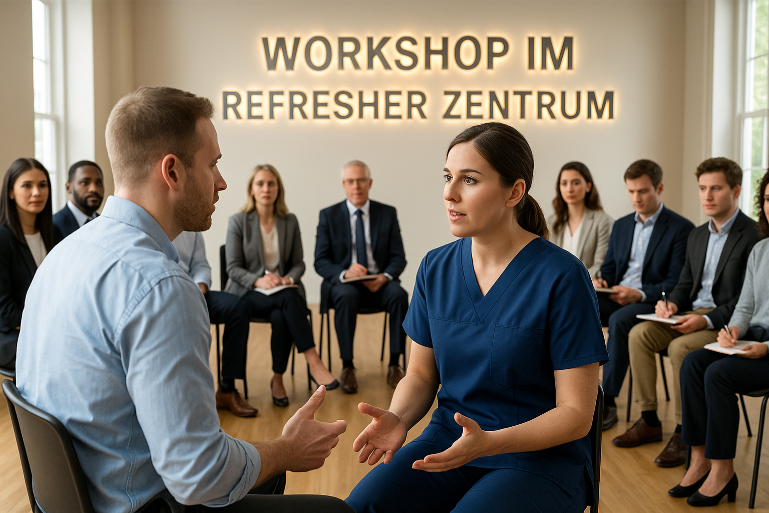 Führungskräfte nehmen an einem Workshop teil, in dem realistische Kritikgespräche simuliert werden, um Mitarbeitergespräche professionell und motivierend zu führen – mit Fokus auf Krankenquotenreduktion und Personalstabilität im Gesundheitswesen.<br />
