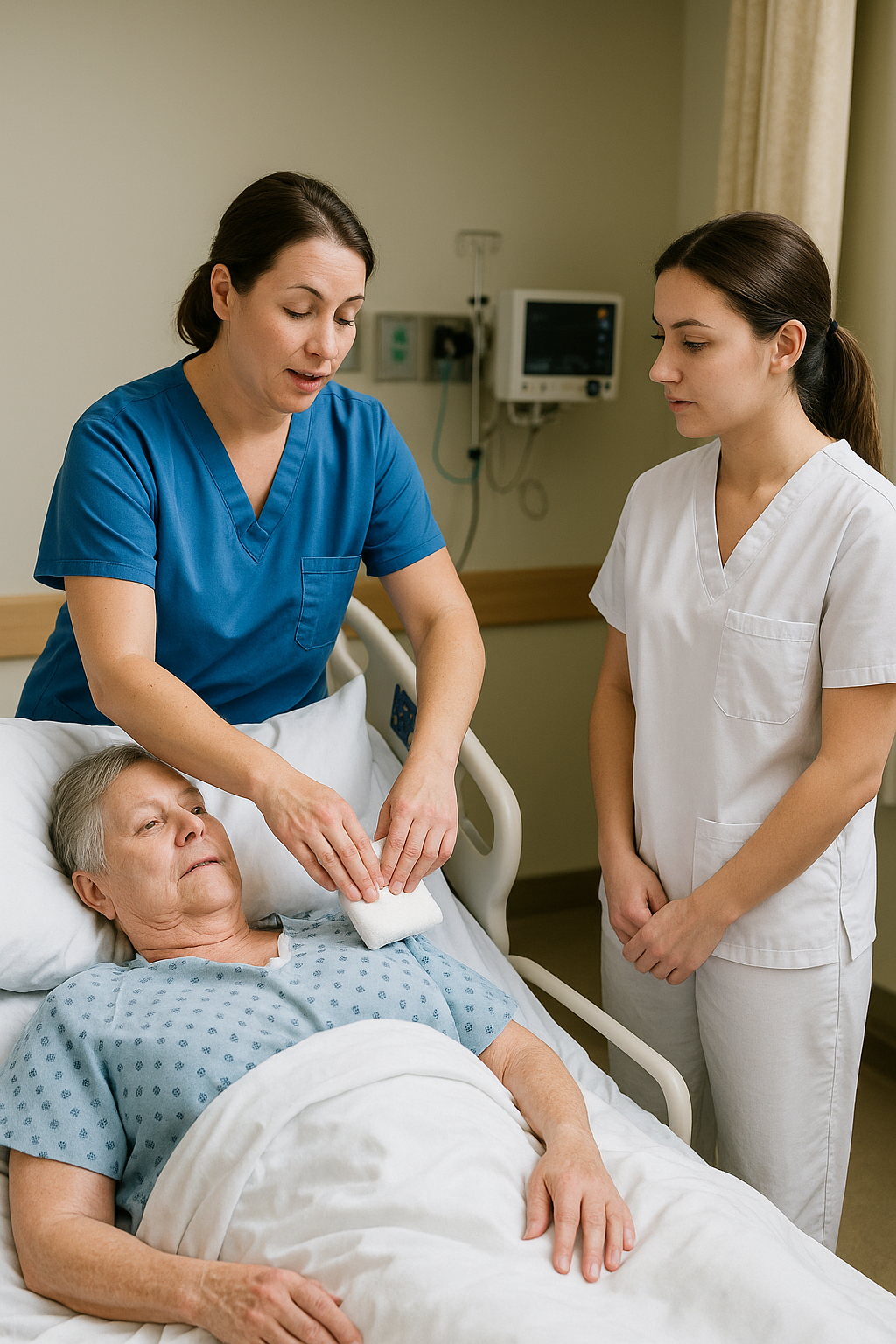 Pflegefachkraft mit Stethoskop erklärt der Auszubildenden die nächsten Schritte, Patient ruht im Hintergrund