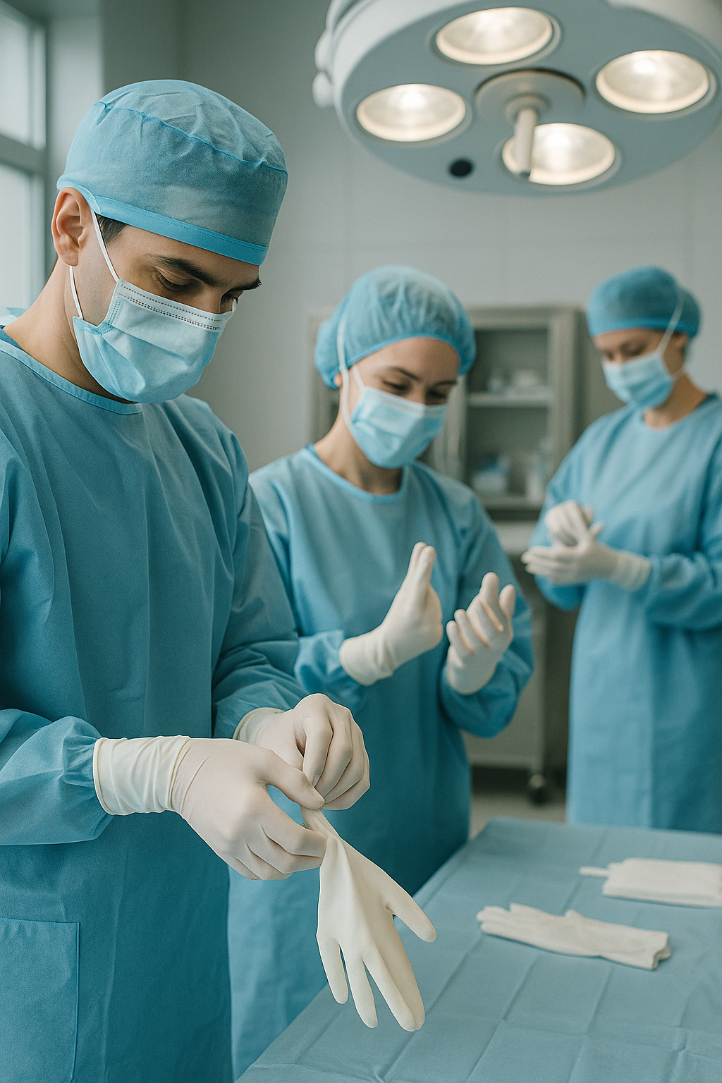 Drei Fachpersonen im Operationssaal ziehen sterile Handschuhe an, OP Leuchten sind sichtbar. Untertitel: Sorgfalt und Teamarbeit vor dem Eingriff