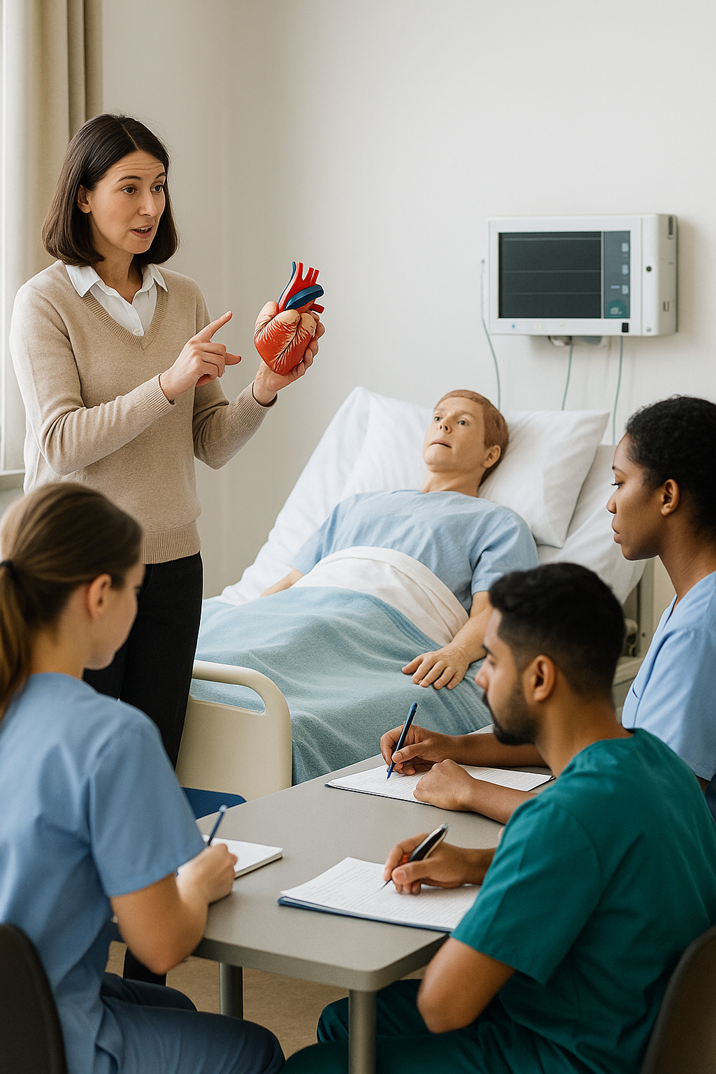 Dozentin erklärt Lernenden ein Herzmodell, im Hintergrund liegt ein Simulationspatient.