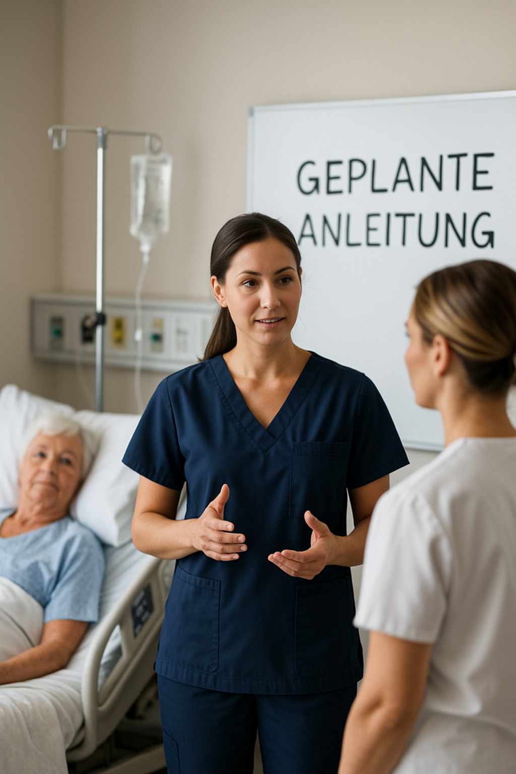 Pflegefachkraft demonstriert am Bett eine Maßnahme, die Auszubildende beobachtet aufmerksam